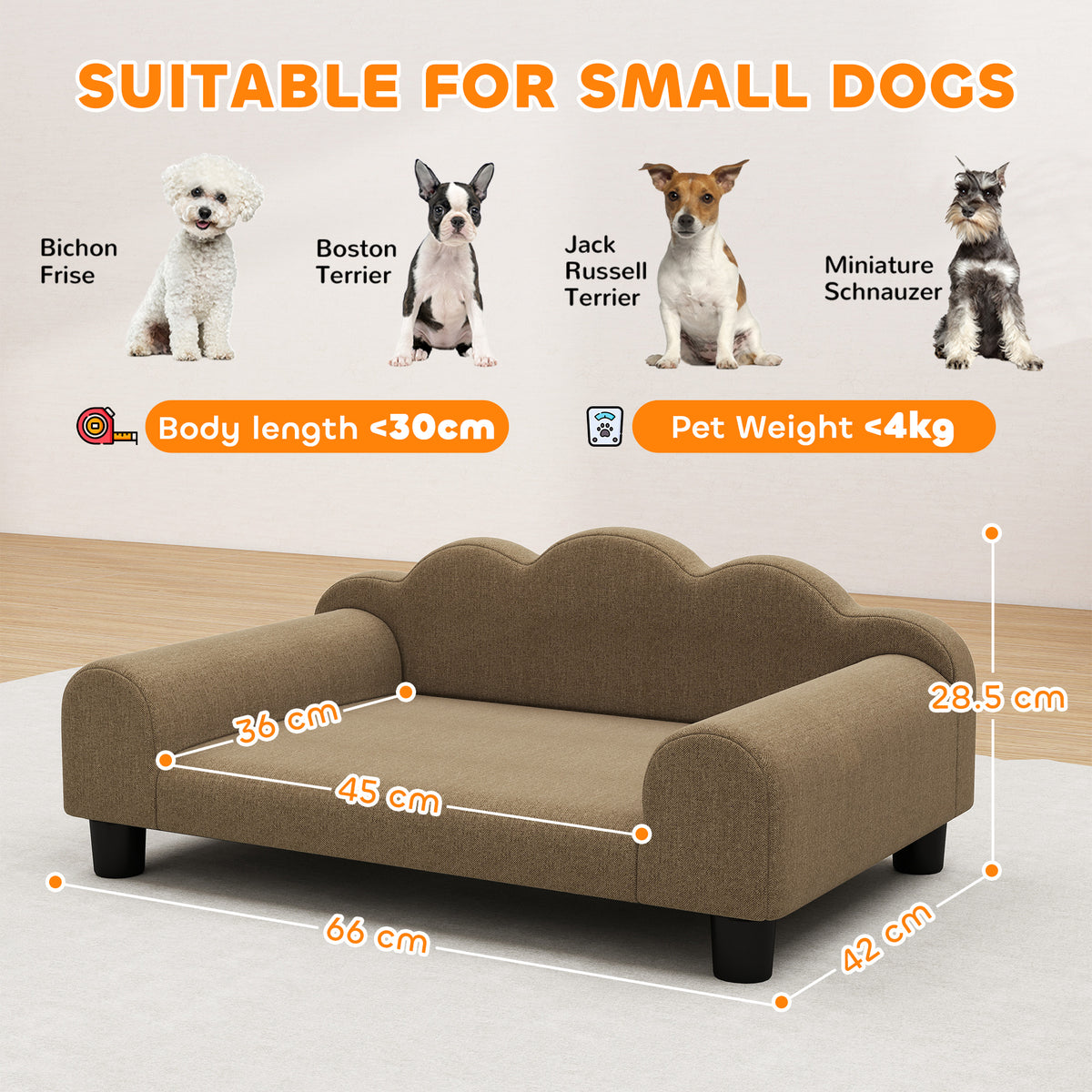 Elevated Dog Sofa Bed, Breathable Pet Sofa With Backrest And Armrest For Small Dogs, Brown